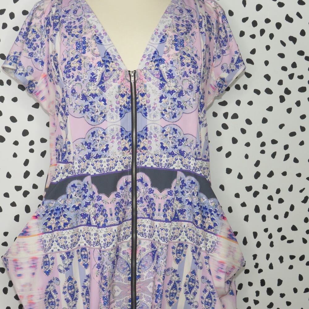 City Chic Purple Floral Draped Zipper Front V-Neck Dress - Picture 3 of 10